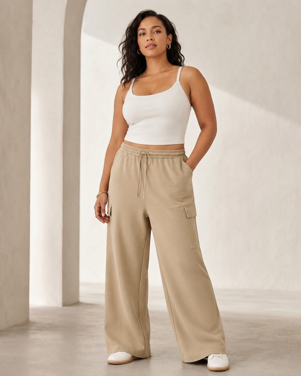 Athleta Promenade Cargo Pant XL Beige Tan Wide Leg Utility Pants